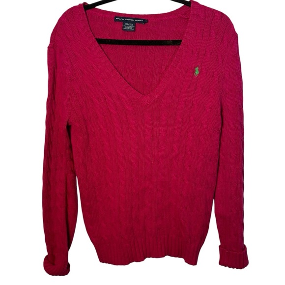 Ralph Lauren Sport classic Cotton Cable Knit Sweater V-Neck Fuchsia Womens SZ M - Picture 1 of 5